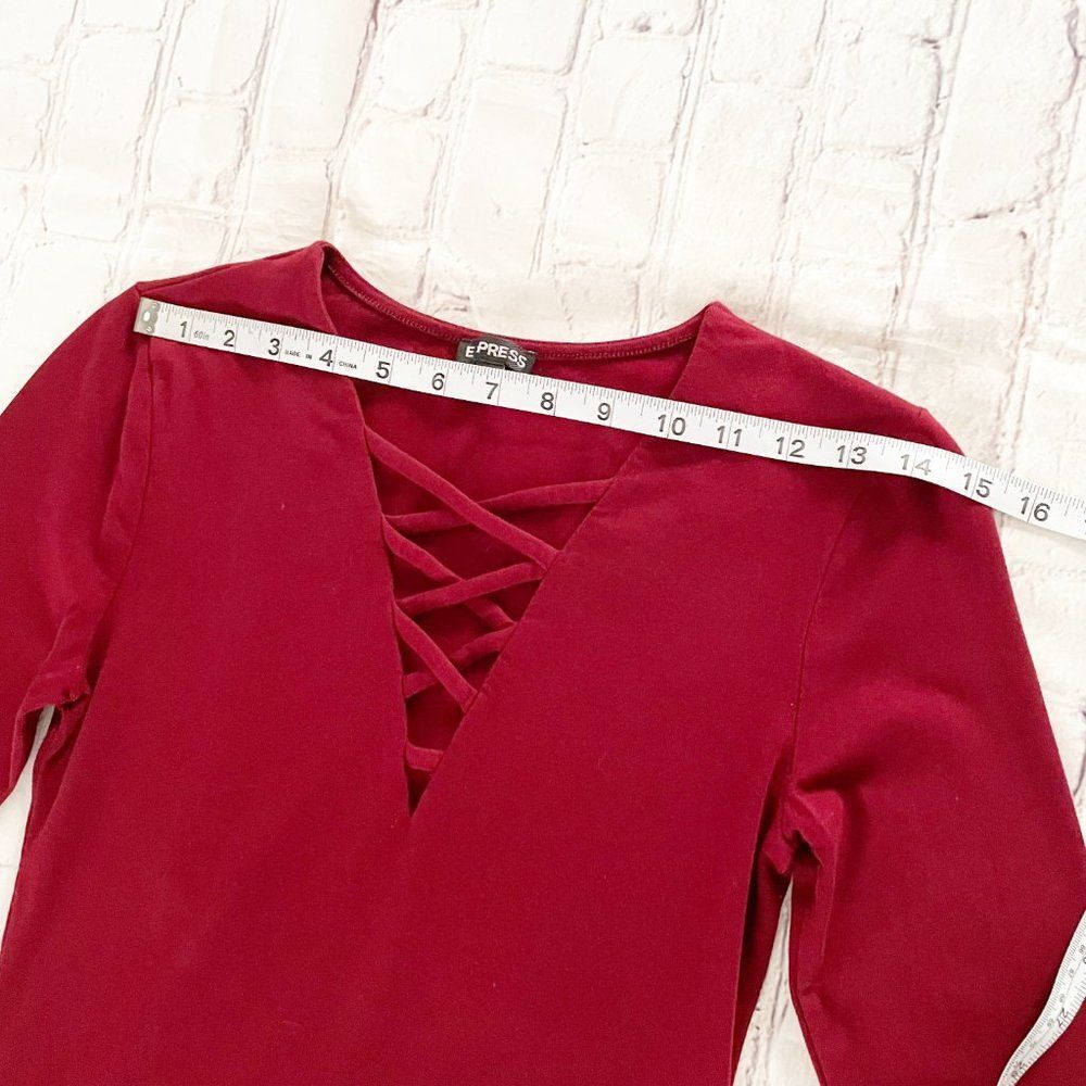 Express Burgundy Crossed Lace V Neck Long Sleeve Top S - Picture 6 of 9